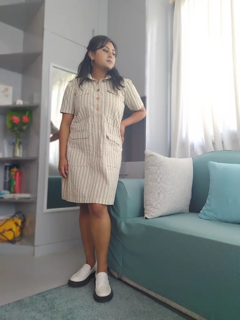 028 Shirt style grey white striped knee length buttoned skirt (8).webp