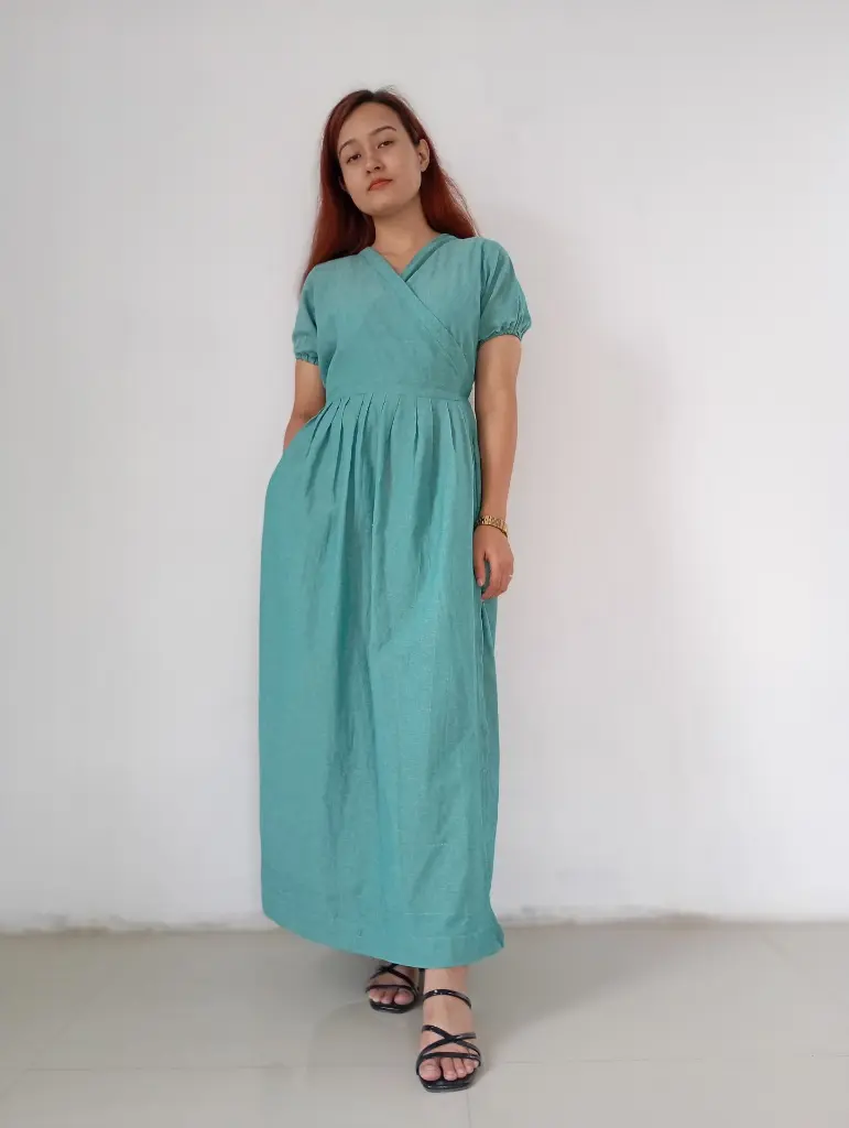 073 Hemp cotton bluish green long large wrapper dress.webp