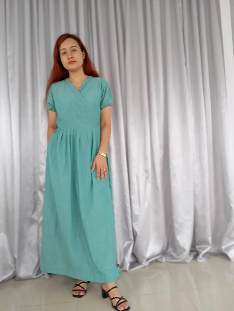 073 Hemp cotton bluish green long large wrapper dress (5).webp