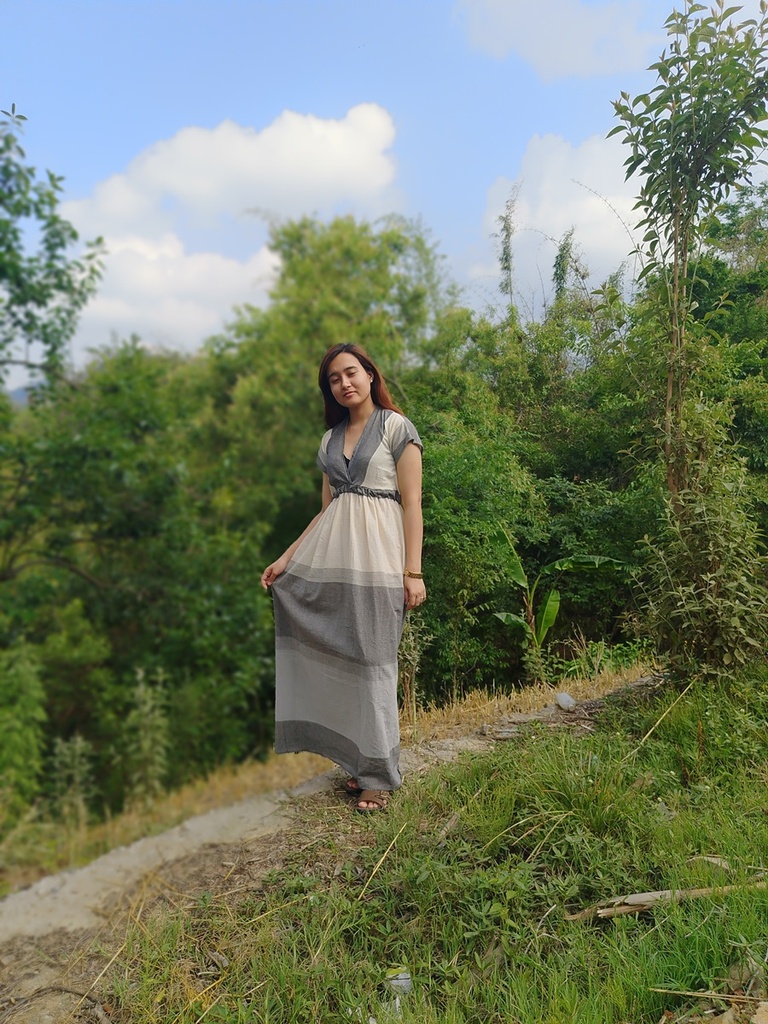 Cotton grey pattern white long gown