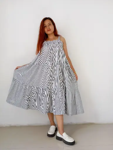 Cotton white with black stripes with sleeveless ruffle long skirt