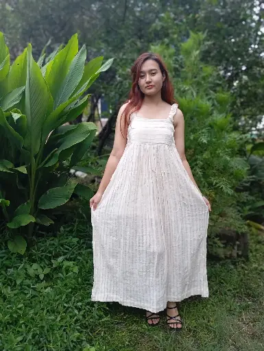 Hemp cotton white striped long dress with side stretch